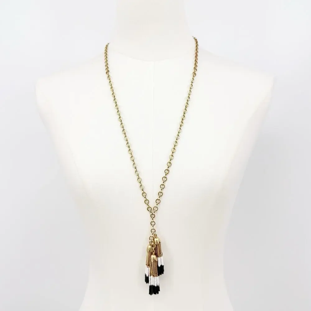 J. Crew Gold Tassel Necklace Beaded Pendant Long‎ Chain Boho Statement Coastal